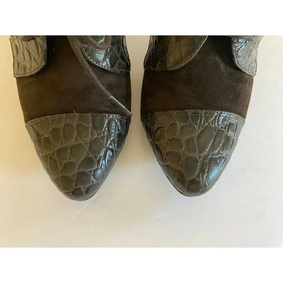 Leather Suede Crock Embossed Heeled Lace up Shoe Pointed Closed Toe Heels - Picture 3 of 11